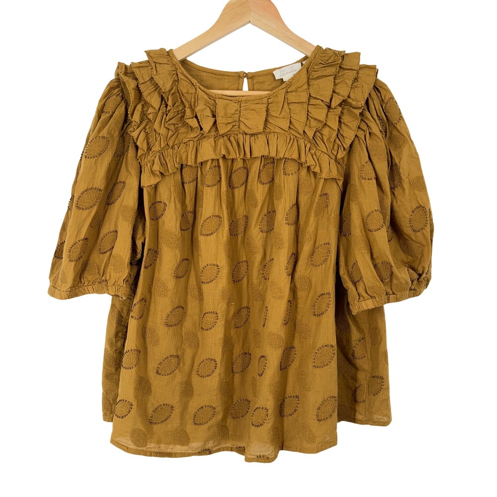 Let Me Be Anthropologie Mustard Yellow Beaded Ruffle Blouse Plus Size 16W Cotton